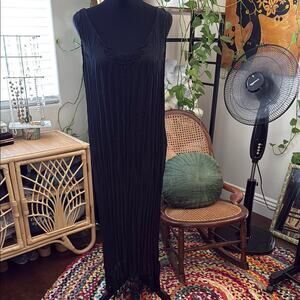 Vintage 90s Classique by Shawn Black Crinkle Crepe Lace Trim Maxi Dress